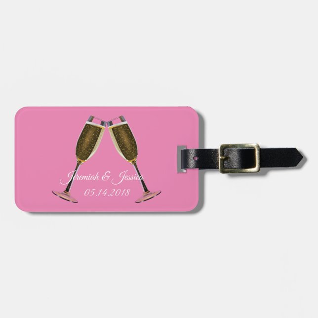 Étiquette À Bagage Lunettes de champagne et Arrière - plan rose  (Devant horizontal)