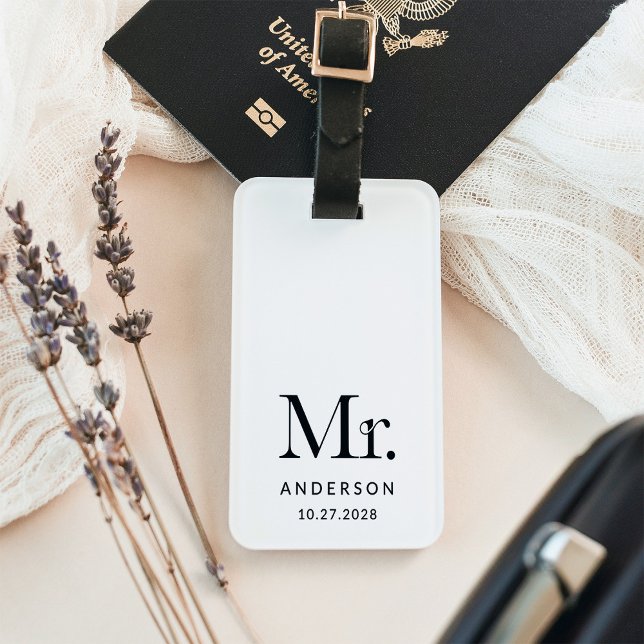Étiquette À Bagage Luxe Elegance noir et blanc | M. Mariage Date (Créateur téléchargé)