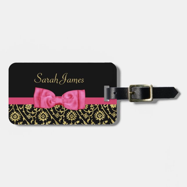 Étiquette À Bagage Luxe Gold Black Floral Damask Rose Bow et nom (Devant horizontal)