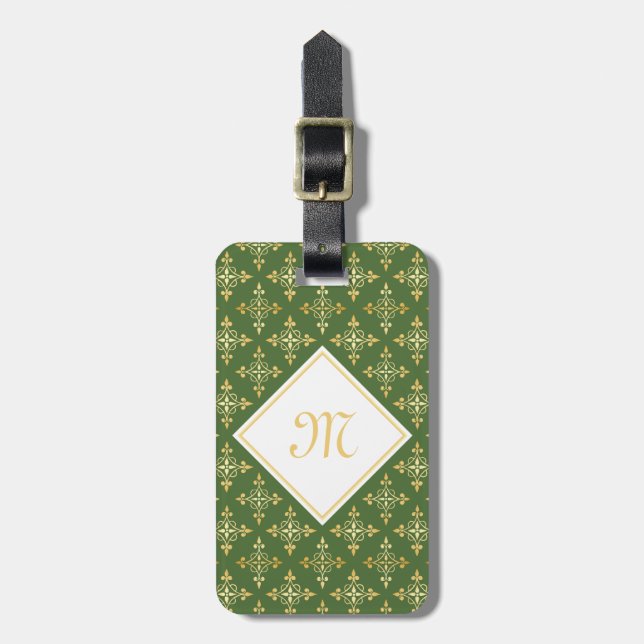 Étiquette À Bagage Luxe Monogramme vert et or Quatre Floral (Devant Vertical)