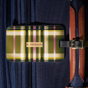 Étiquette À Bagage Luxe Personnalisé Carreaux Vert Olive, Or et Rose