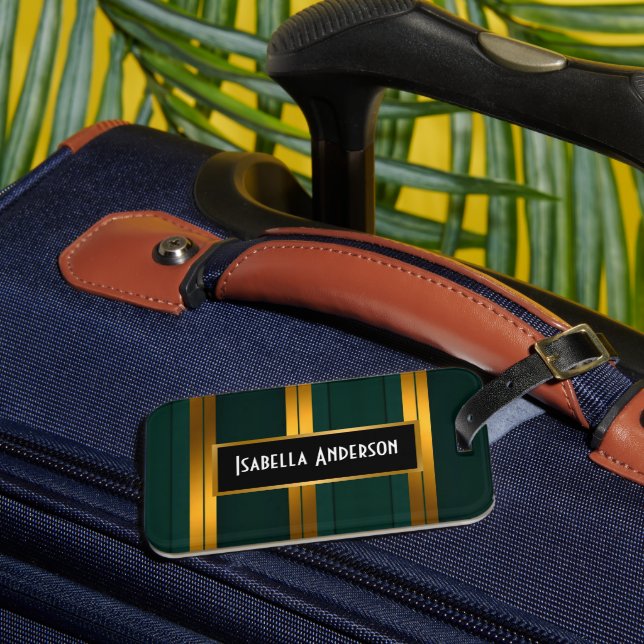 Étiquette À Bagage Luxe Popular Green Gold Linen Texture Collection (Insitu Rectoal 3)