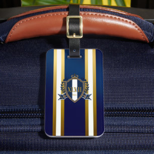 Étiquette À Bagage Luxueux Bleu Royal et Monogramme Blanc