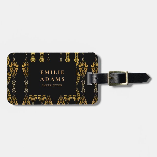 Étiquette À Bagage Luxueux Chic Black et Faux Gold Ornamental (Devant horizontal)