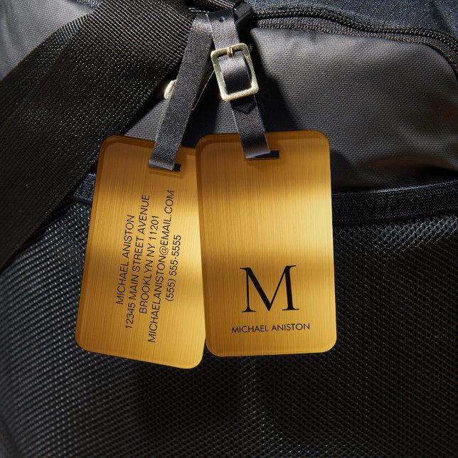 Étiquette À Bagage Luxueux Monogramme Personnalisé Métal Faux Or (Créateur téléchargé)