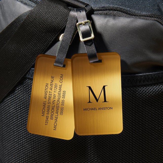Étiquette À Bagage Luxueux Monogramme Personnalisé Métal Faux Or (Créateur téléchargé)