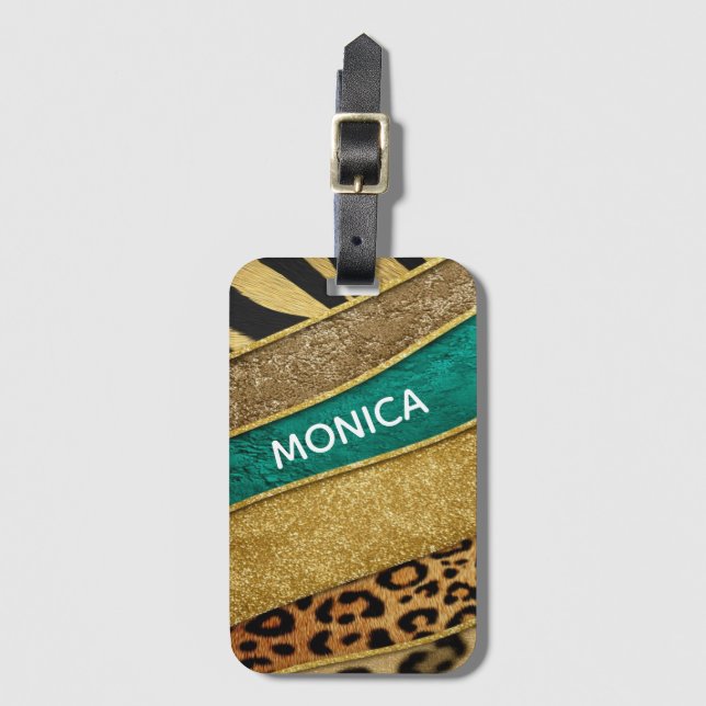 Étiquette À Bagage Luxury Emerald & Gold Safari Leopard Zebra Glitter (Devant Vertical)