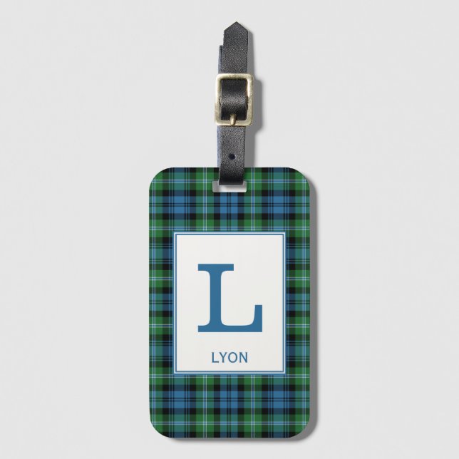 Étiquette À Bagage Lyon Tartan Bright Blue et Green Plaid Motif (Devant Vertical)