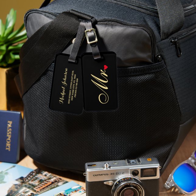 Étiquette À Bagage M. Husband Mariage Groom Elegant Black Gold Travel (Recto & Verso)