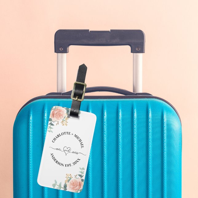 Étiquette À Bagage M. mrs jeunes mariés roses fleurons or verdure (Créateur téléchargé)