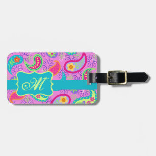 Étiquette À Bagage Magenta rose Turquoise moderne Paisley Monogramme