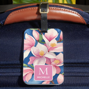 Étiquette À Bagage Magnolia Botanique Moderne Art Rose Monogramme
