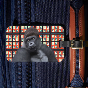 Étiquette À Bagage Majestic Sitting Gorilla Sur Red Geometry Wildlife