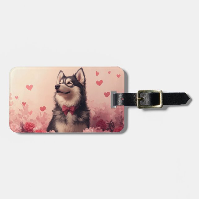 Étiquette À Bagage Malamute d'Alaska avec des roses - Saint-Valentin  (Devant horizontal)