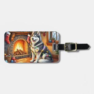 Étiquette À Bagage Malamute d'Alaska Cheminée avec Lumières de Noël