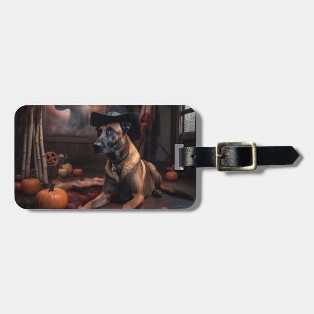 Étiquette À Bagage Malinois Belge Citrouilles Halloween Épouvantable (Devant horizontal)