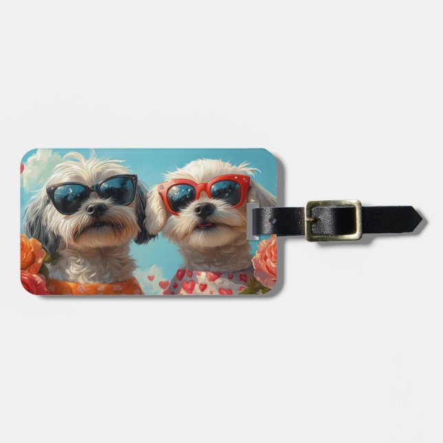 Étiquette À Bagage Maltais avec coeur Roses Saint Valentin (Devant horizontal)