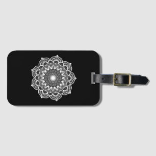 Étiquette À Bagage Mandala blanc sur fond noir