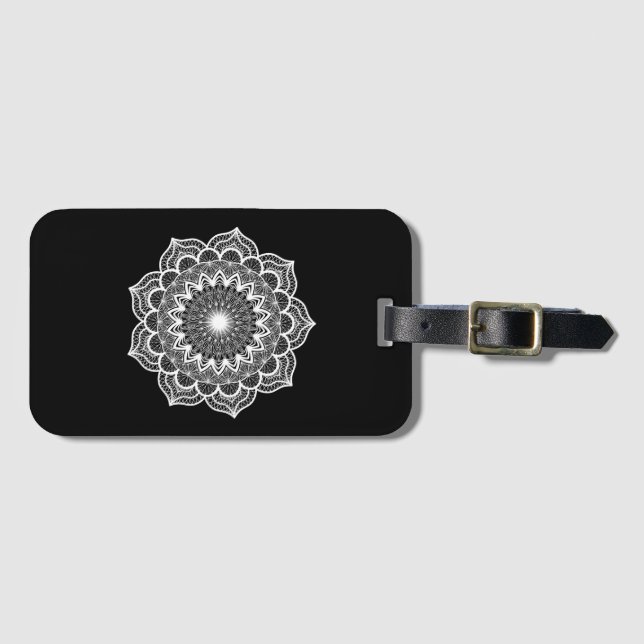 Étiquette À Bagage Mandala blanc sur fond noir (Devant Horizontal)