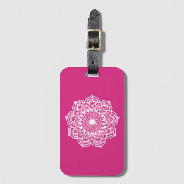 Étiquette À Bagage Mandala blanc sur fond rose (Devant Vertical)