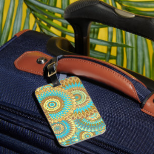 Étiquette À Bagage Mandala bleu marron or recouvrant