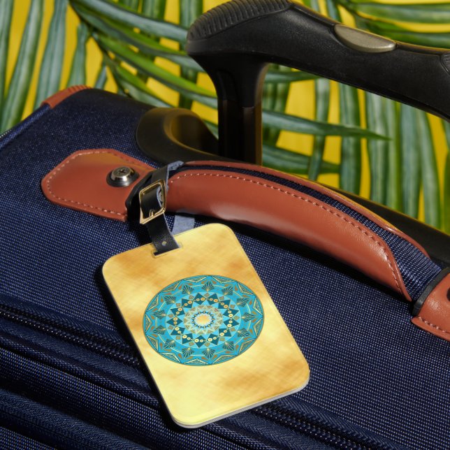 Étiquette À Bagage Mandala bleu or sur fond or doux (Insitu Rectoal 1)