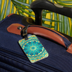 Étiquette À Bagage Mandala Fleur Or Bleu