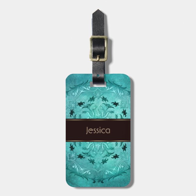 Étiquette À Bagage Mandala floral ethnique de grunge de turquoise. (Devant Vertical)