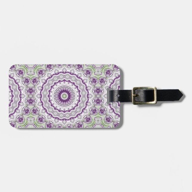 Étiquette À Bagage Mandala Médaillon en Violet et Vert (Devant horizontal)