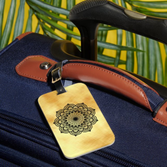 Étiquette À Bagage Mandala noir sur fond or doux (Insitu Rectoal 1)
