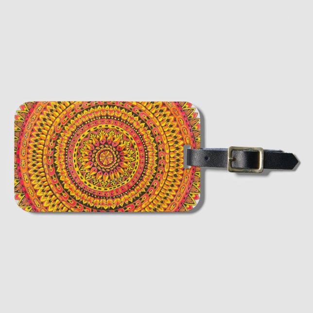 Étiquette À Bagage Mandala Orange Couleur Art Original  (Devant Horizontal)