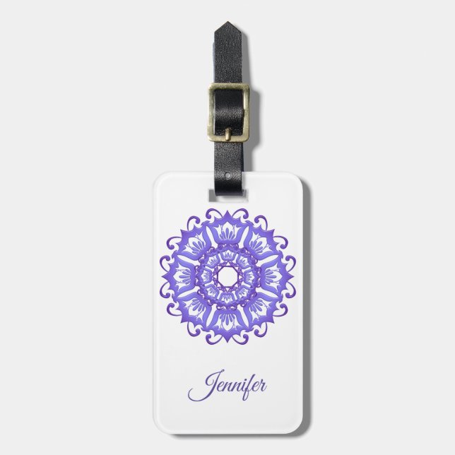 Étiquette À Bagage Mandala violet floral. Nom (Devant Vertical)