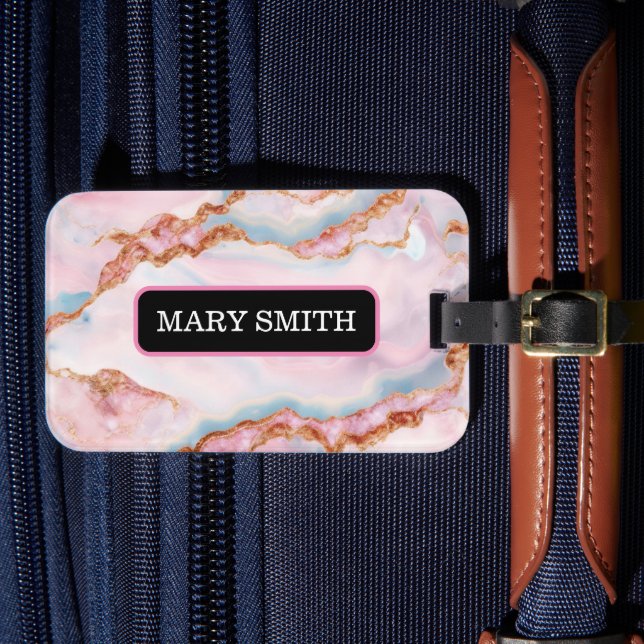Étiquette À Bagage Marble Agate tendance Blue Rose Gold Collection (Insitu Rectoal 4)