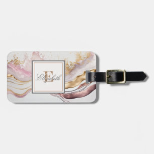 Étiquette À Bagage Marbre à texture de pierre rose tendance, monogram