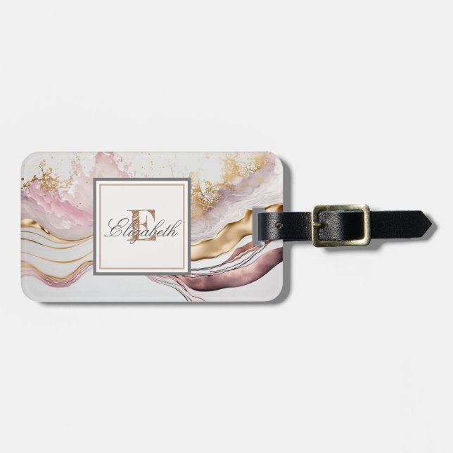 Étiquette À Bagage Marbre à texture de pierre rose tendance, monogram (Devant horizontal)