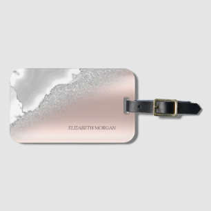 Étiquette À Bagage Marbre Argent Paillettes Or Rose Élégant Moderne