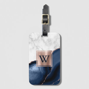 Étiquette À Bagage Marbre Blanc Agate Bleu Marine Or Rose Monogramme
