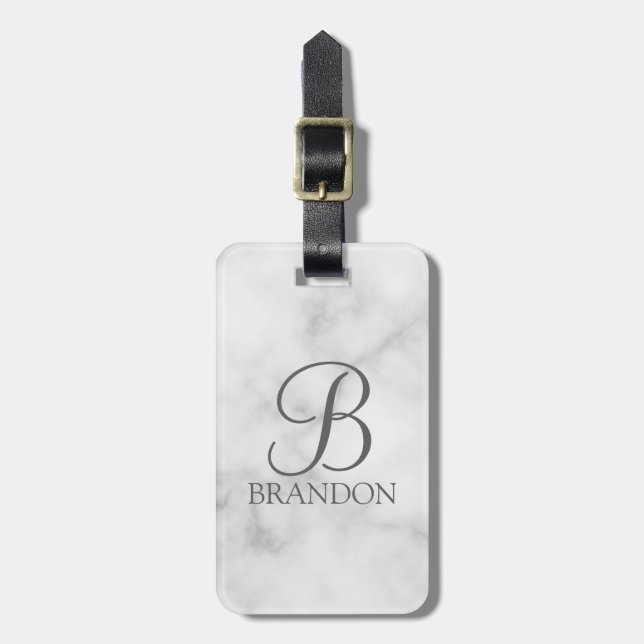 Étiquette À Bagage Marbre blanc de script personnalisé Monogramme et  (Devant Vertical)