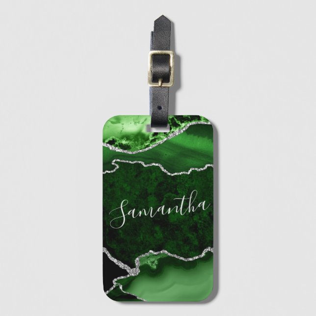Étiquette À Bagage Marbre d'agate vert et paillettes de faux argent (Devant Vertical)