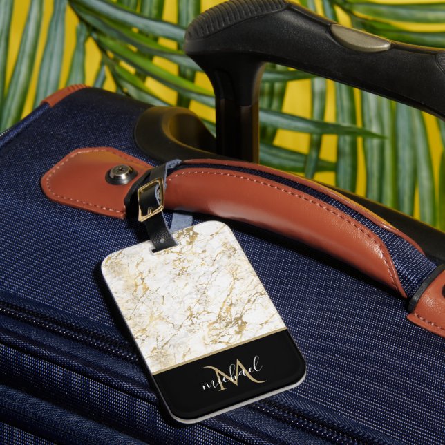 Étiquette À Bagage Marbre doré et blanc avec luxe de monogramme noir (Insitu Rectoal 1)