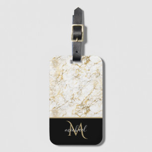Étiquette À Bagage Marbre doré et blanc avec monogramme noir