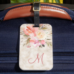Étiquette À Bagage Marbre féminin et motif floral avec Monogramme