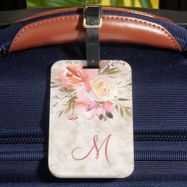 Étiquette À Bagage Marbre féminin et motif floral avec Monogramme (Insitu Rectoal 2)