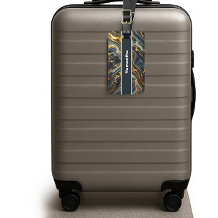 Étiquette À Bagage Marbre Indigo aux Veines Dorées