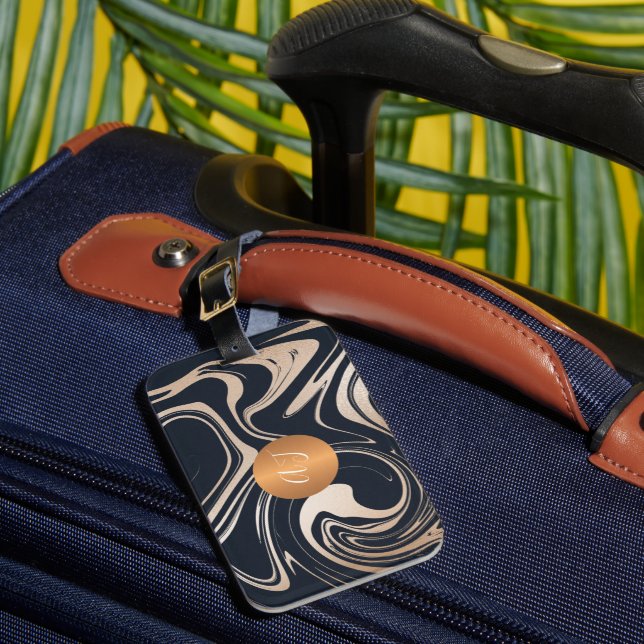 Étiquette À Bagage Marbre moderne motif rose or  cuivre monogrammé (Insitu Rectoal 1)