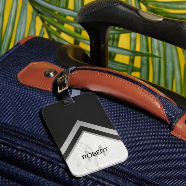 Étiquette À Bagage Marbre noir argent Chevron géométrique monogrammé (Insitu Rectoal 1)