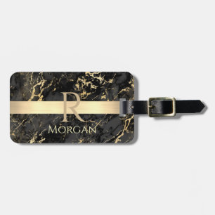 Étiquette À Bagage Marbre Noir+Or Barre Dorée DIY Nom+Monogramme, Inf