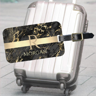 Étiquette À Bagage Marbre Noir & Or, Barre Or, Nom & Monogramme DIY