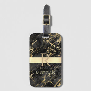 Étiquette À Bagage Marbre Noir/Or, Barre Or, Nom/Monogramme DIY Vs2