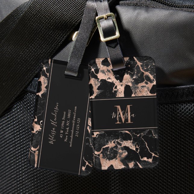 Étiquette À Bagage Marbre Noir Or Rose Monogramme (Monogram Rose Gold Black Marble Luggage Tag)